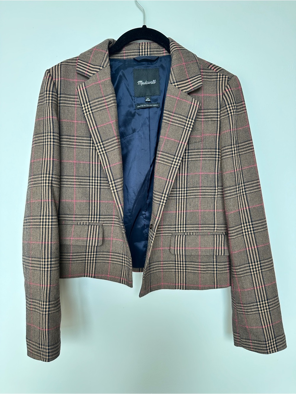 Madewell Brown Plaid Cropped Blazer with Pink Windowpane